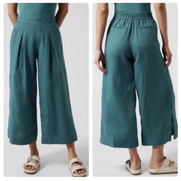 Athleta Playa Linen Borealis Green Wide Leg Crop Pants Size 8 Tall - Picture 1 of 10